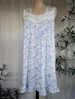 Charter Club Intimates Cotton Blue White Floral Sleep Dress Medium Lightweight
